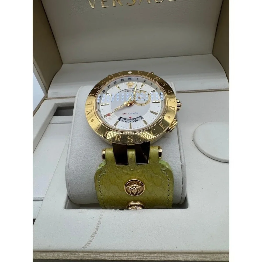 Versace GMT & Alarm Gold Tone Watch Lime Green Leather Strap Medusa Swiss Made